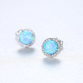 Round Treasure Blue Opal Gemstone CZ S925 Silver Stud Earrings